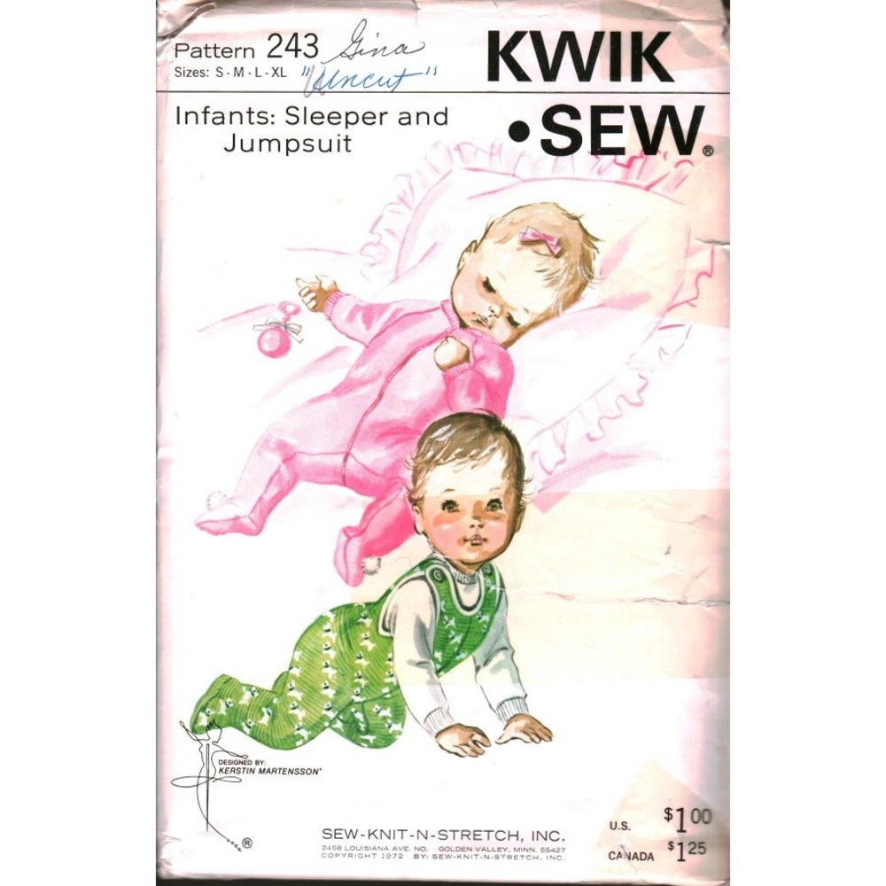 Vintage Kwik Sew 243 Infants Sleeper and Jumpsuit Sewing Pattern S-L UNCUT
